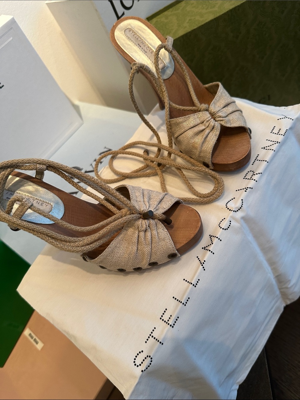 Stella McCartney Gold Shimmer Lace-Up Wedge Sandals